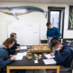 Four students sit at lab table examining shells.