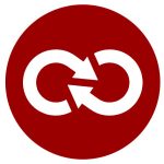 Red circular logo with interlocking arrows links to podcast landing page