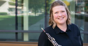 Lindsay Flowers holding oboe