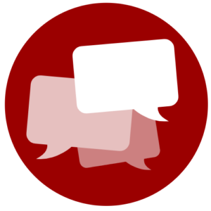 Red circle logo with conversation bubbles