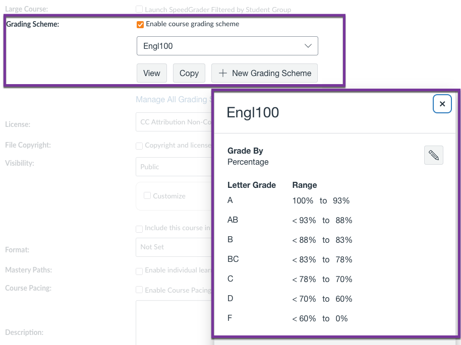 screenshot showing the Grading Scheme settings in a Canvas course with "Enable course grading scheme" checked and an example defining an A as 93 to 100%