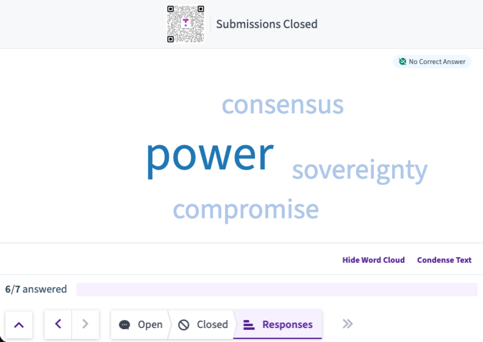 Student responses in Top Hat shown as a word cloud include "Power" in large text with "consensus", "sovereignty", and "compromise"
