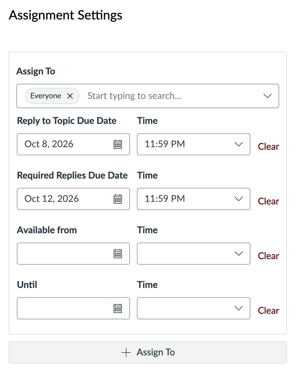 Canvas interface "Assignment Settings" has a field for "Reply to Topic Due Date" and "Required Replies Due Date" 