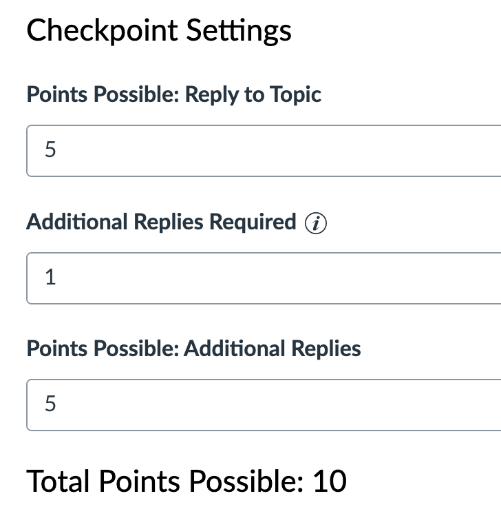 Canvas interface has "Checkpoint Settings" with fields "Points Possible: Reply to Topic", "Additional Replies Required", and "Points Possible: Additional Replies"