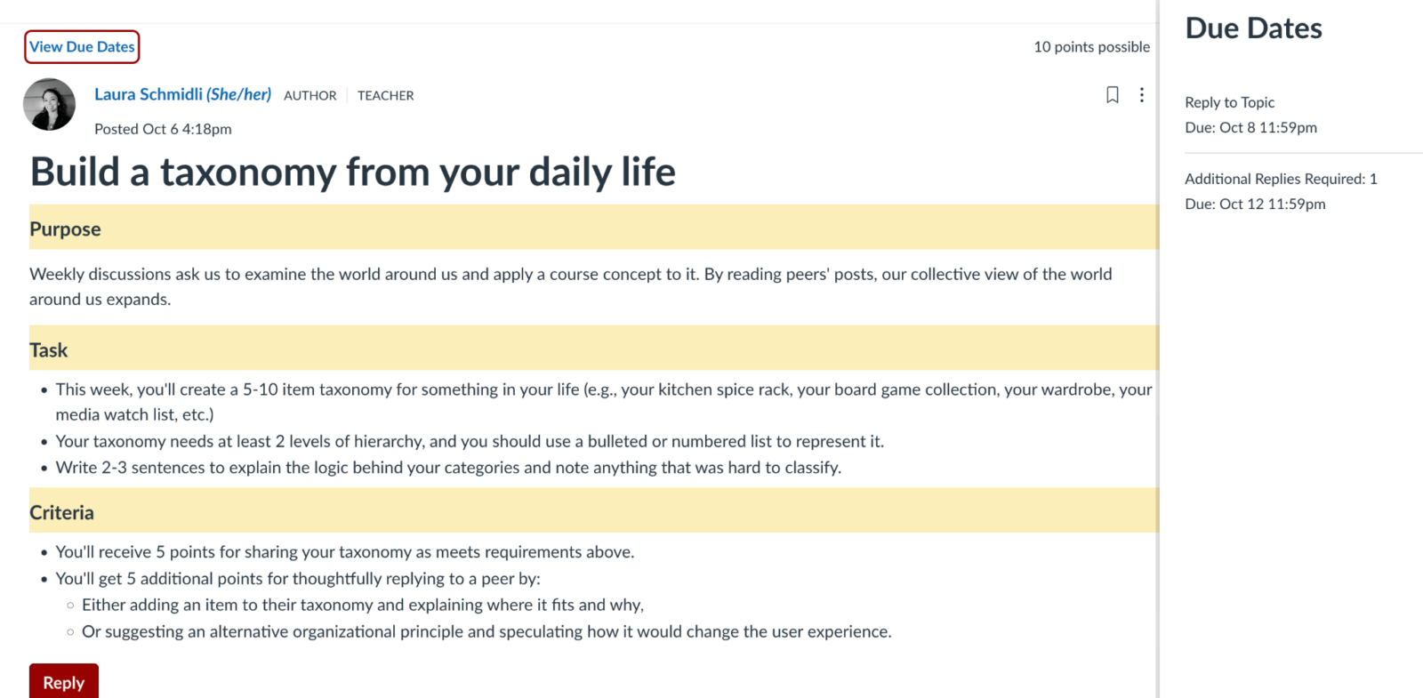 Example Canvas Discussion asks students to build a taxonomy from their daily lives in an initial post by October 8, and to reply to a peer to expand on their taxonomy by October 12.